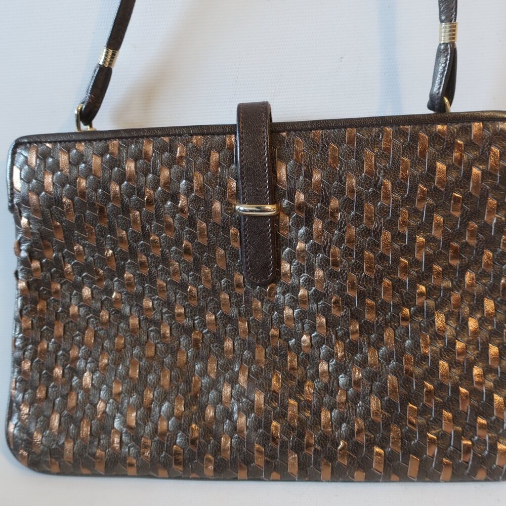 Womens Walter Katten Brown Bronze Woven Leather Crossbody Handbag